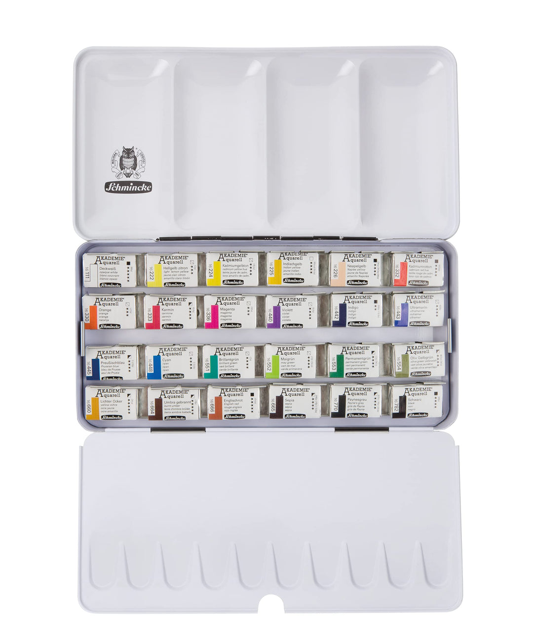 Schmincke – Akademie Aquarell Farbkasten, Vollsortiment 24 x 1/1 Näpfchen, 75 425 097, Metallkasten,