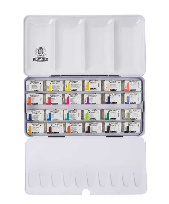 Schmincke – Akademie Aquarell Farbkasten, Vollsortiment 24 x 1/1 Näpfchen, 75 425 097, Metallkasten,