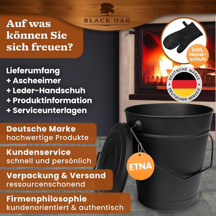 BLACK OAK Ascheeimer Etna 14L mit Lederhandschuh – schwarz mit Deckel - gross 14 Liter - Stahl feuer