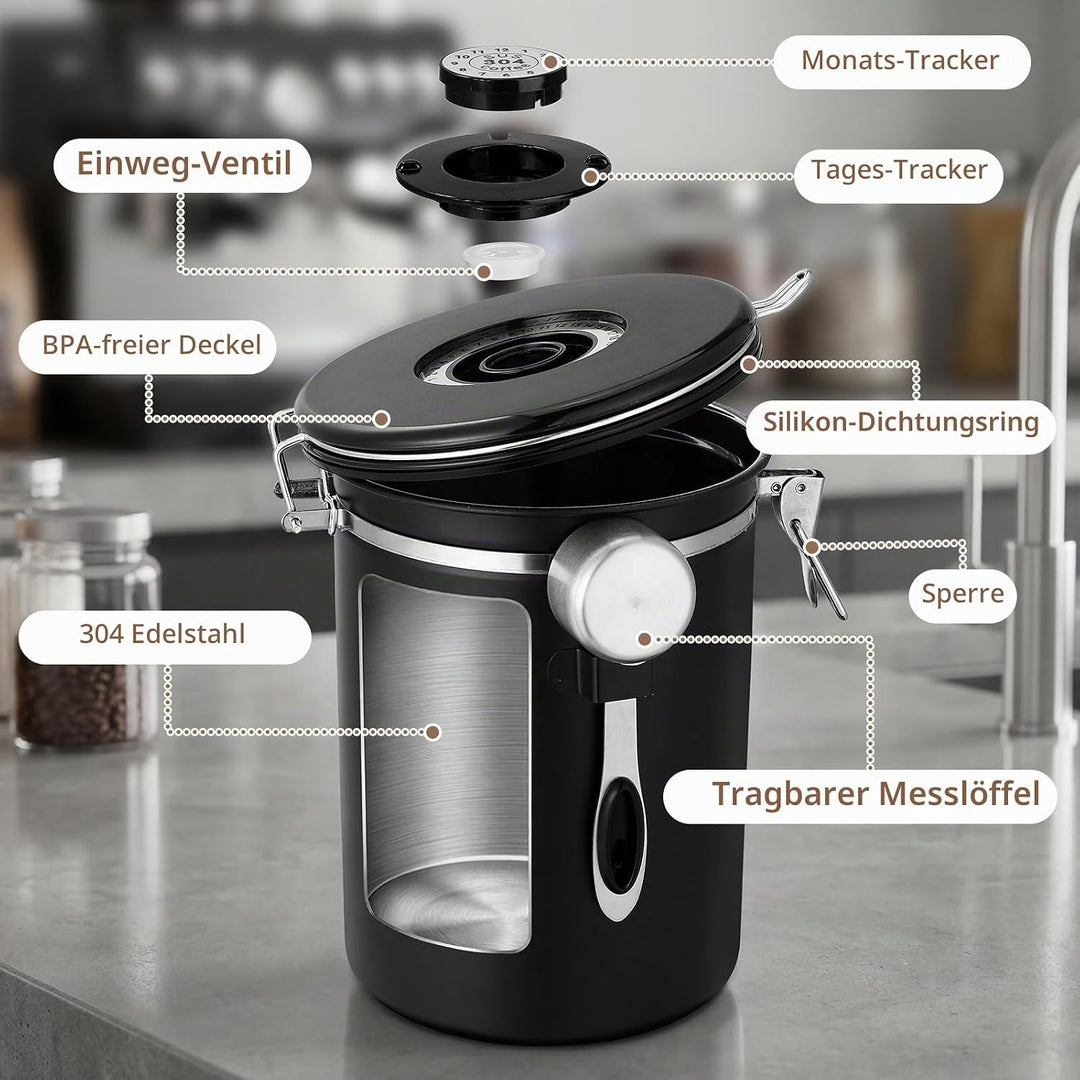 Kaffeedose Edelstahl, 2,8 L Kaffeebohnen Behälter aus Edelstahl, Luftdicht Vorratsdose mit Deckel, E