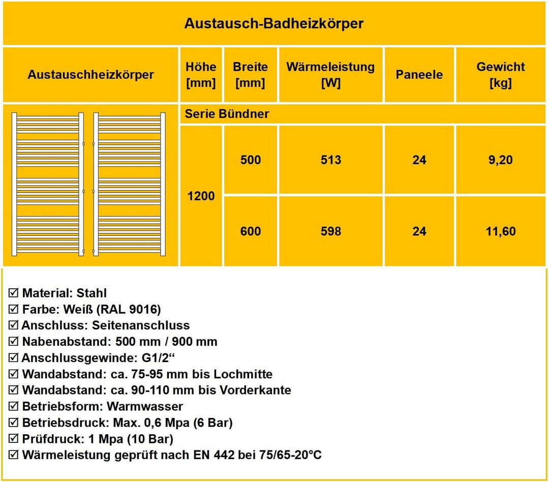 WITEN&amp;NOCK handtuchheizkörper Badheizkörper 1200x 600 mm Designheizkörper Heizkörper Seitenanschluss