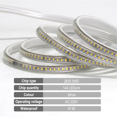 FOLGEMIR 1m Kalt Weiss LED Band, 2835 SMD 144 Leds/m Lichtleiste, 220V 230V Strip, sehr helle Beleuc