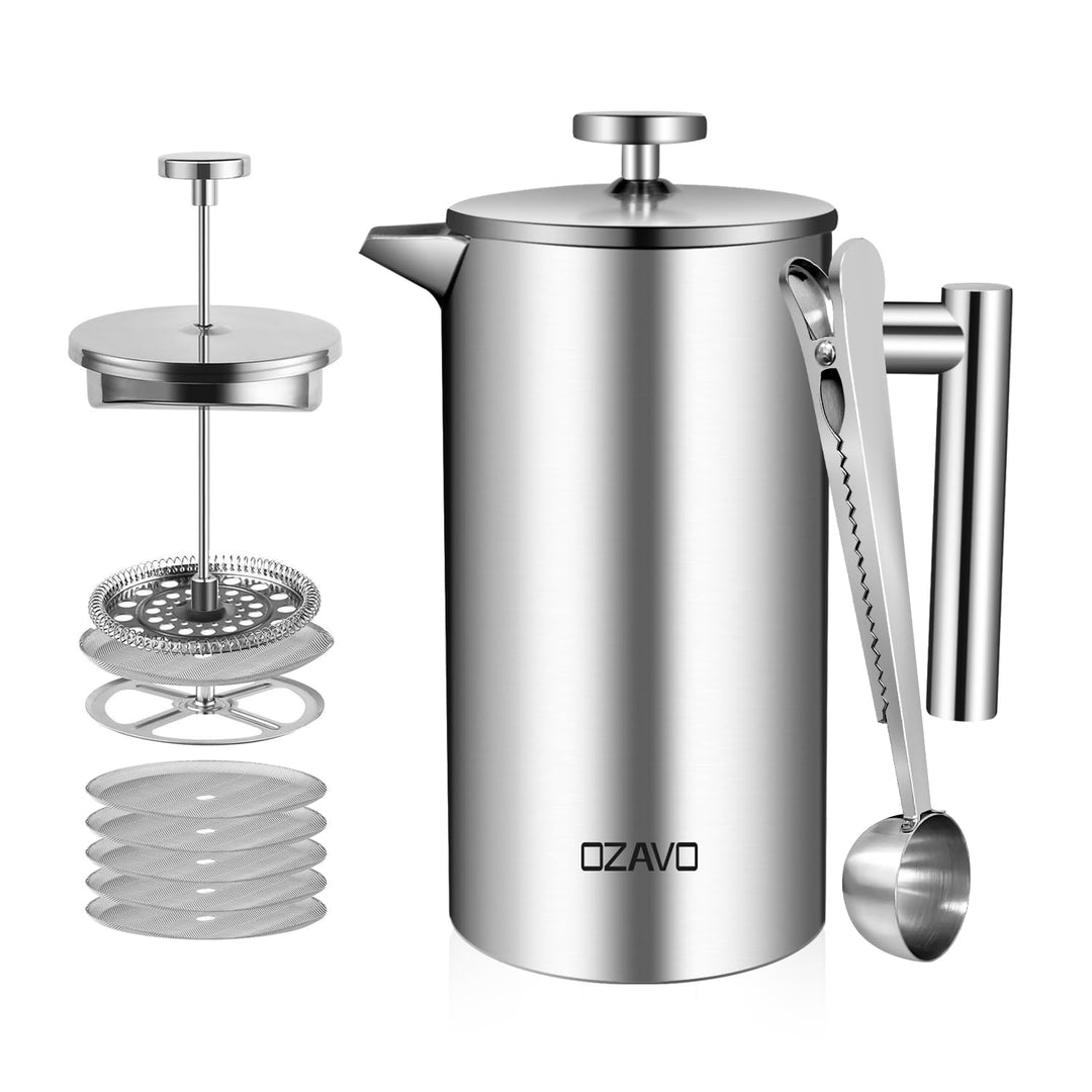 Kaffeebereiter, French Press 1000ML mit 5 Ersatzfilter und 1 Löffel, Doppelwandige Edelstahl Kaffeek