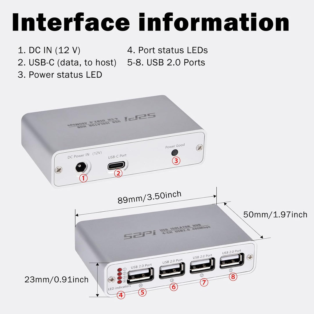 GeeekPi Digitaler USB-Isolations-Hub, 4-Port USB 2.0, High-Speed 480 Mbit/s, ADuM3165-Chip in Indust