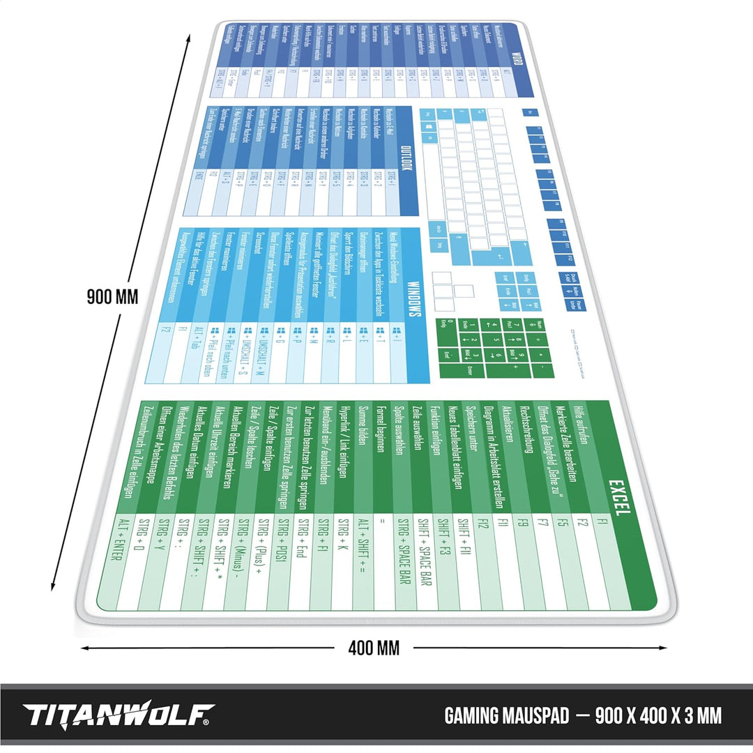 TITANWOLF - XXL Speed Gaming Mauspad 900 x 400mm - Tastatur Excel Windows Outlook Word Shortcut Tast