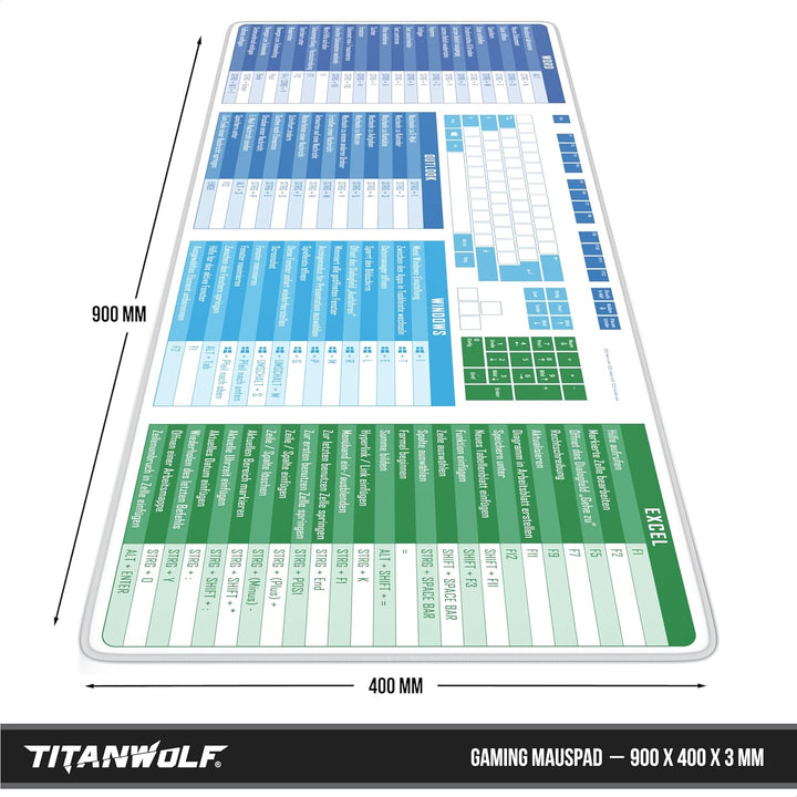 TITANWOLF - XXL Speed Gaming Mauspad 900 x 400mm - Tastatur Excel Windows Outlook Word Shortcut Tast