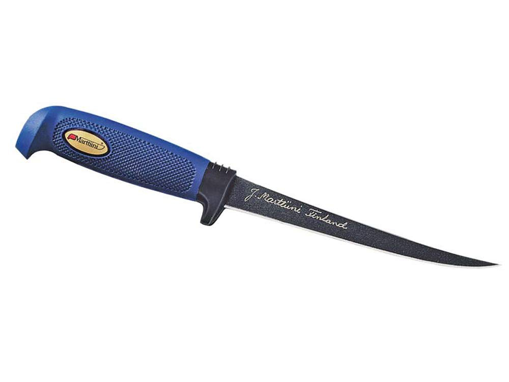 Marttiini Finnisches Filiermesser, beschichtete Klinge, 15 cm, Kautschuk-Griff, Lederscheide