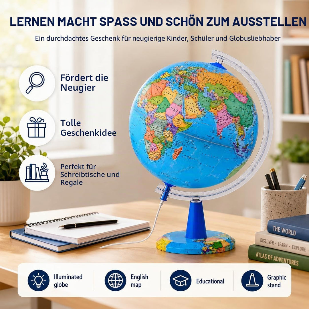 TOPGLOBE 30cm Leuchtglobus - Englische Karte - Schülerglobus Moderne Politische Weltkugel – pädagogi
