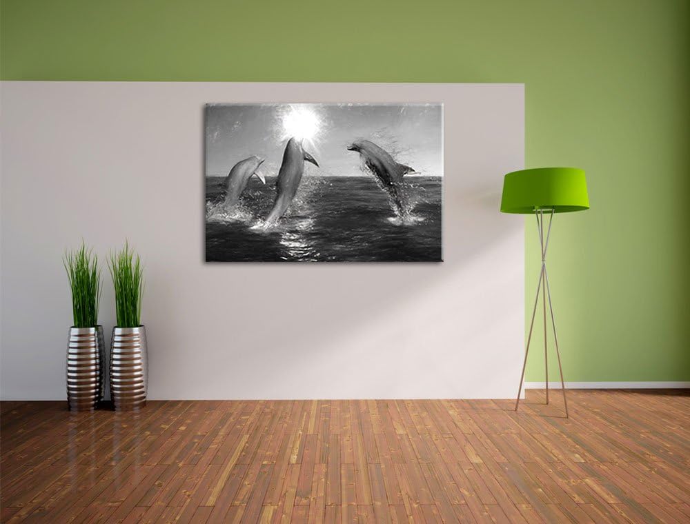 Pixxprint springende Delphine im Meer Kohle Effekt, Format: 100x70 auf Leinwand, 100x70