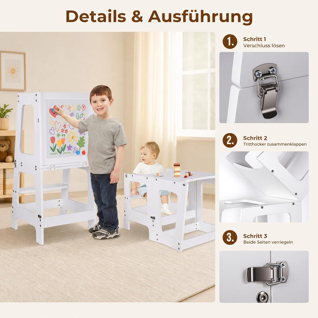 Lernturm ab 1 Jahr, Klappbarer Learning Tower mit Tafel &amp; Stifte-Set | 3 in 1 Learning Tower für Kin