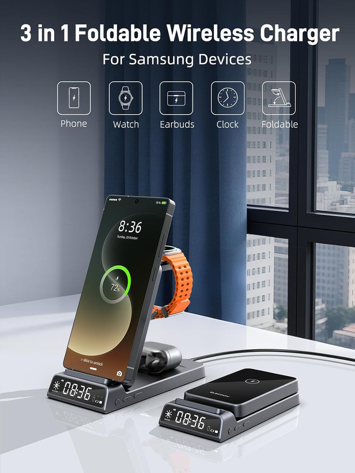 3 in 1 Drahtloses Ladegerät für Samsung Ladestation mit Uhr, Faltbare, Grau | Ladestation für Samsun