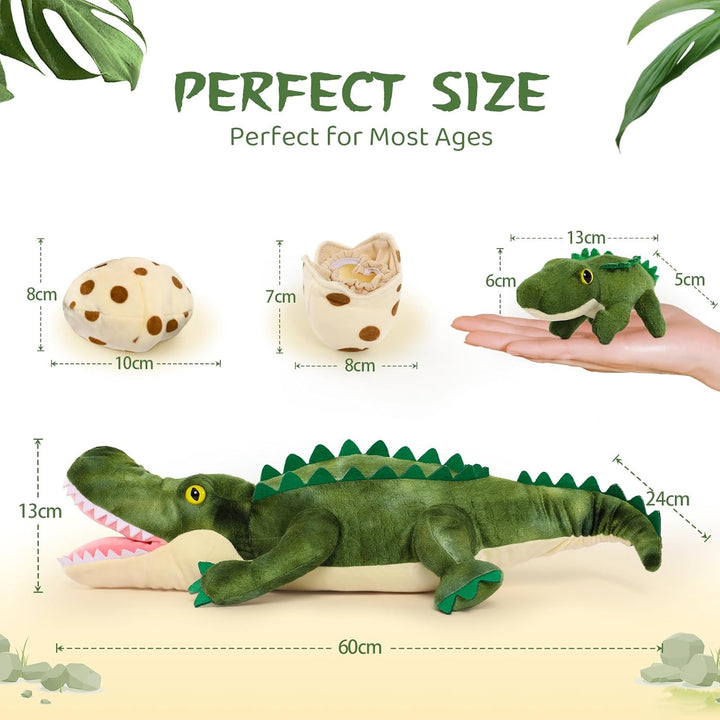 MorisMos 60cm lang Krokodil Kuscheltier XXL,Plüschkroko mit 3 kleinen Plüsch-Baby-Krokodilen im 3 Ei