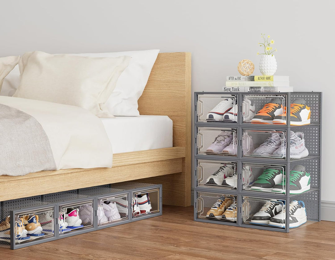 HOMIDEC Schuhboxen, 12er Set Schuhboxen Stapelbar Transparent, Faltbar Schuhorganizer Schuhaufbewahr