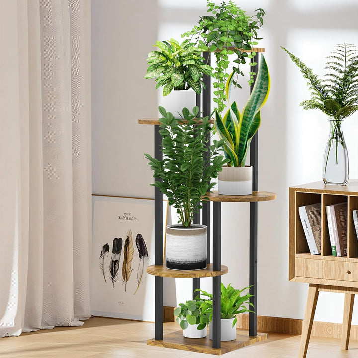 YOCOMEY 5 Tier Hölzern Blumenregal Metall Pflanzenregal, Mehrstöckig Blumenständer Pflanzenständer B