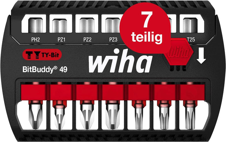 Wiha Bit Set BitBuddy 7-tlg. I TY-Bit 49 mm I PH, PZ, TORX 1/4" E6,3 I Zubehör für Schraubanwendunge