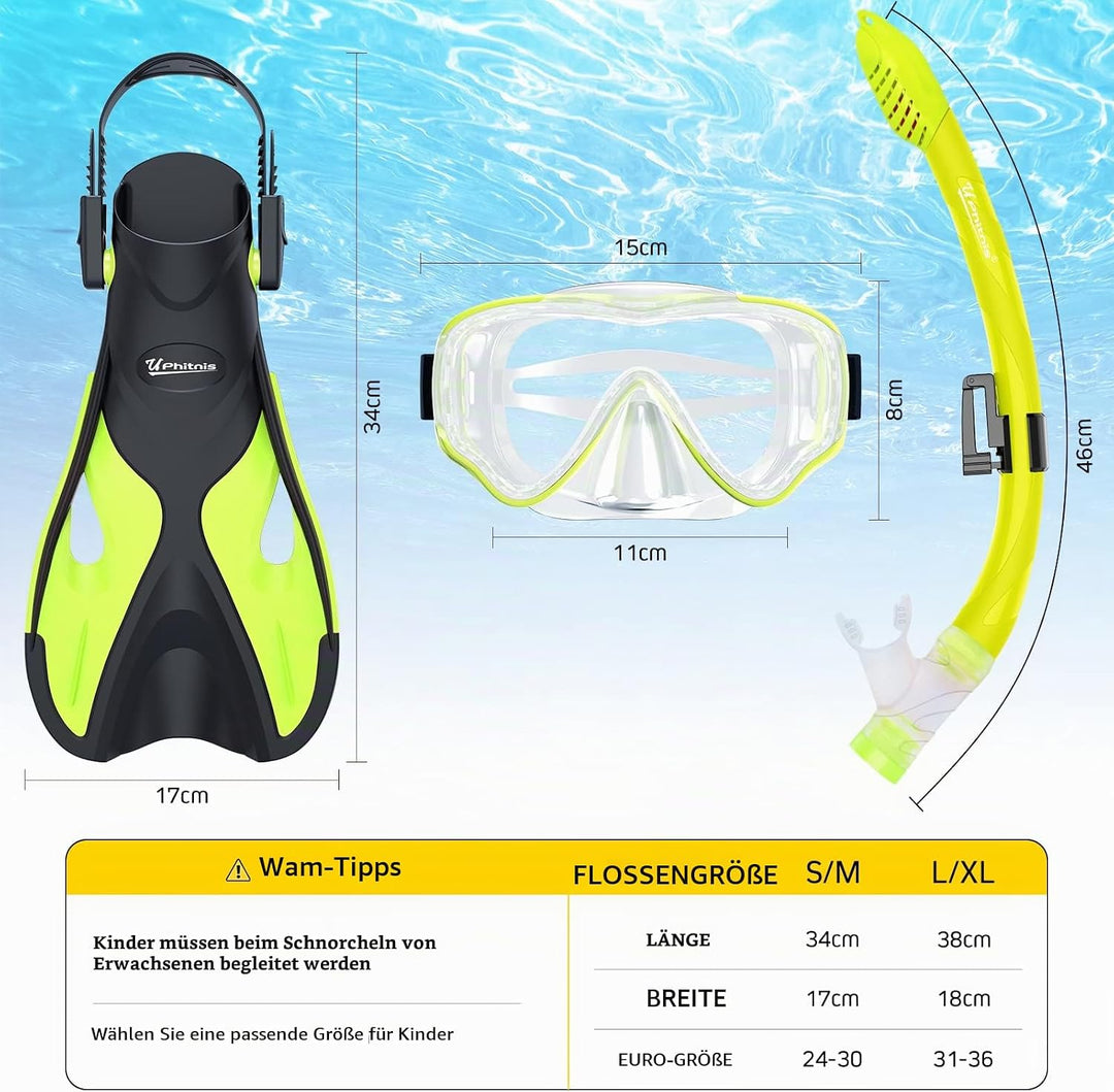 Schnorchelset Kinder mit Flossen,Anti-Fog 180°Panorama Taucherbrille Kinder, Verstellbaren Schwimmfl