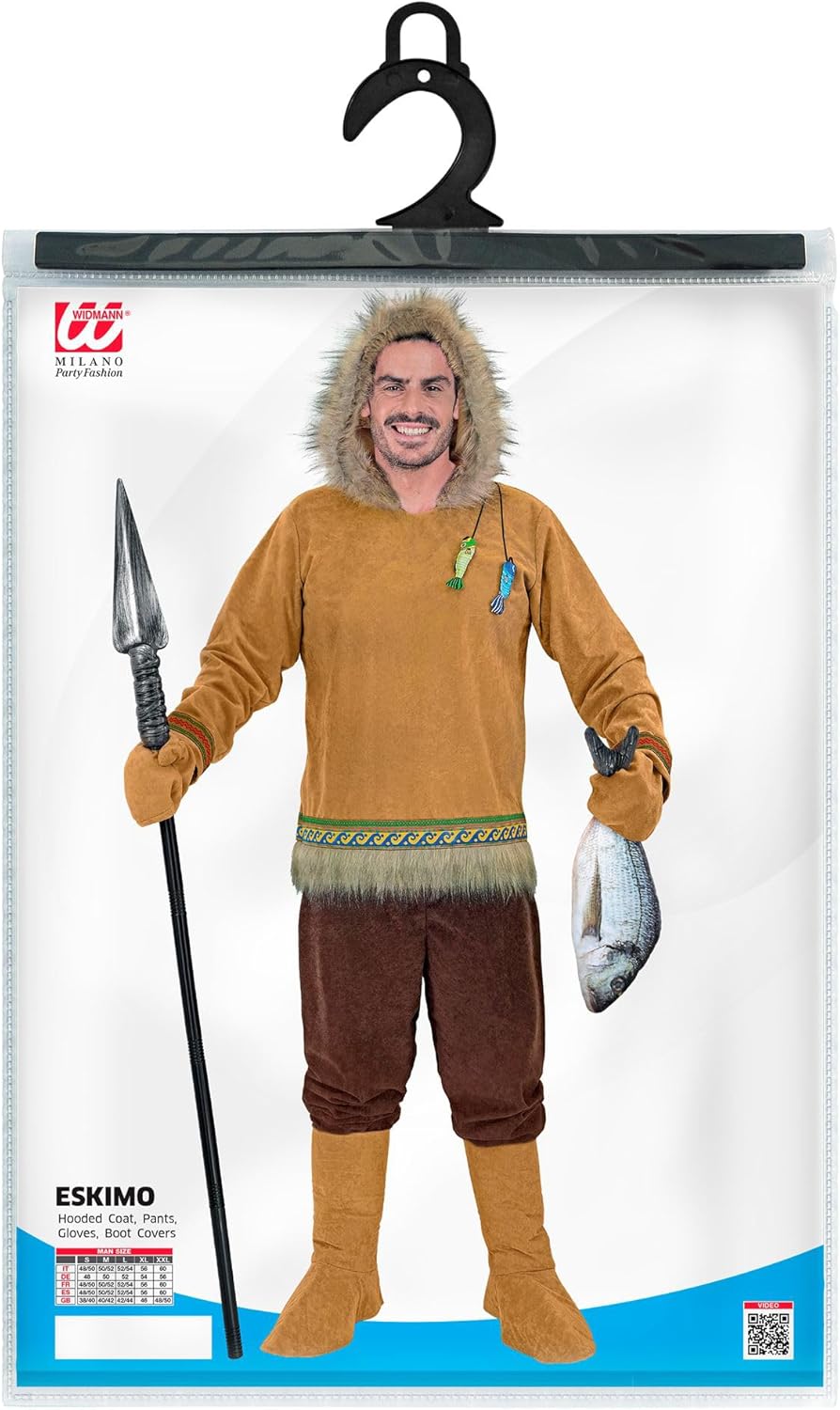 W WIDMANN MILANO Party Fashion - Inuit Kostüm für Herren, Oberteil mit Kapuze, Hose, Handschuhen & S