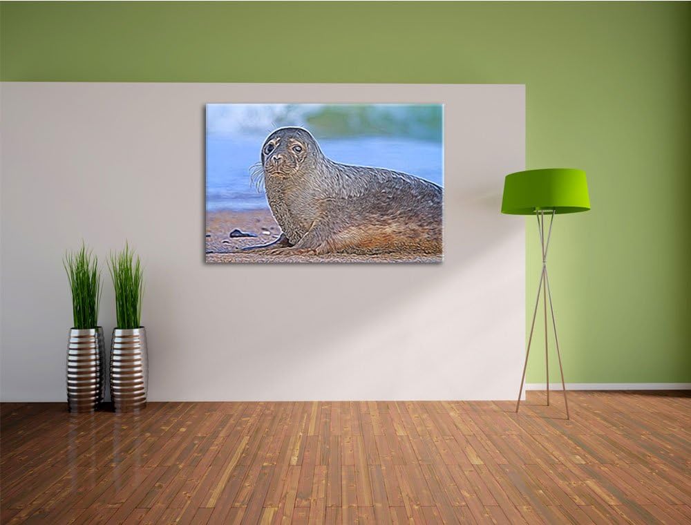 niedliche Robbe am Strand Spezial Format: 100x70 cm auf Leinwand, XXL riesige Bilder fertig gerahmt