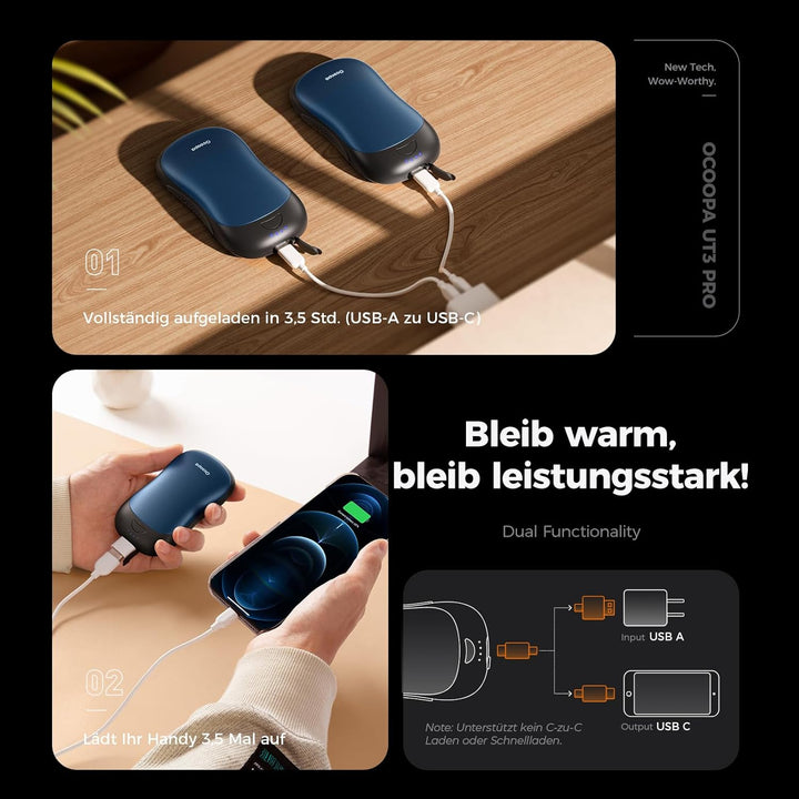 OCOOPA Handwärmer Elektrisch 2er Set, 10000mAh Taschenwärmer USB Powerbank, Wiederverwendbar, 4 Wärm