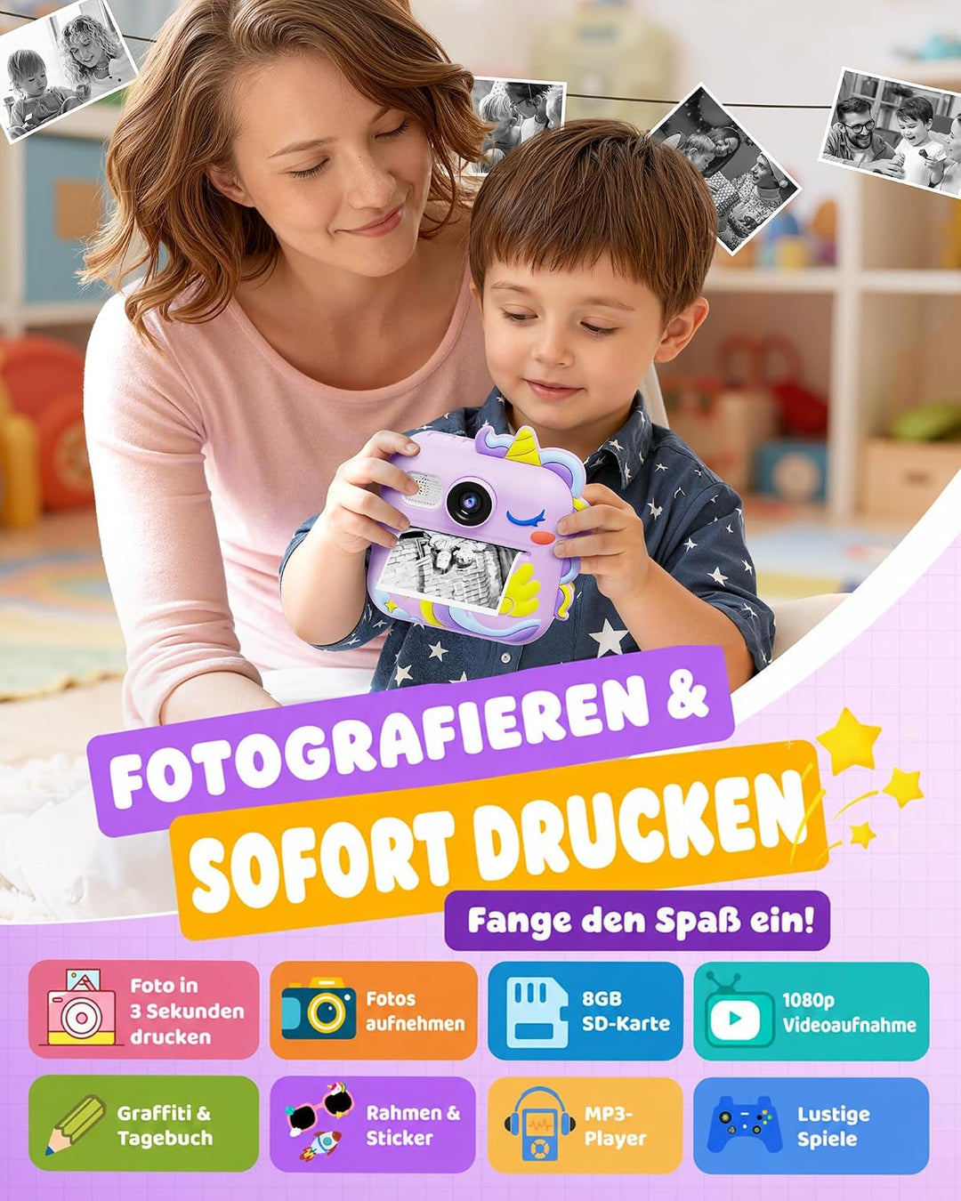 KOKODI Kinderkamera Sofortbildkamera 3-12 Jungen Mädchen | 1080P Videoaufnahme, 8GB Karte, MP3 Unter