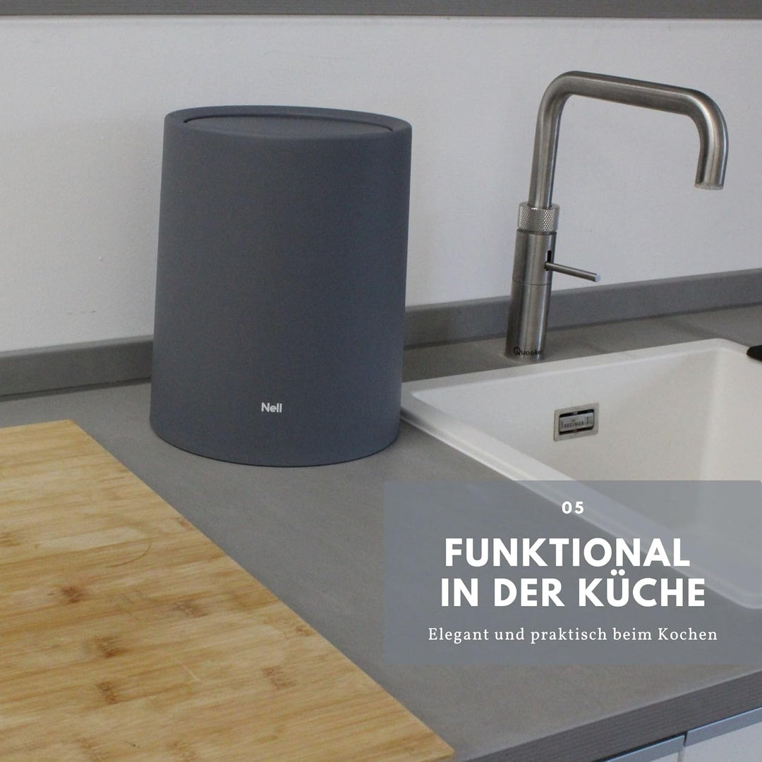 Nell 8L Mülleimer Bad Grau Matt mit Schwingdeckel – Perfekt als eleganter Kosmetikeimer, Ideal auch