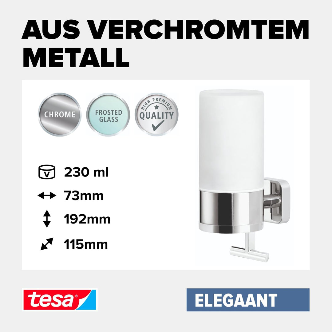 tesa ELEGAANT Seifenspender-Set, Milchglas und verchromtes Metall - Flüssigseifenspender zur Wandbef