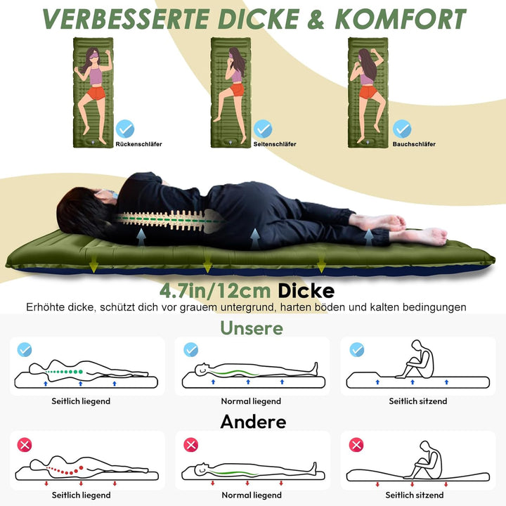 Isomatte, 12CM Dicke Luftmatratze Camping mit Fusspresse Pumpe und Kissen, Anti-Ripstop Tragbar Schl