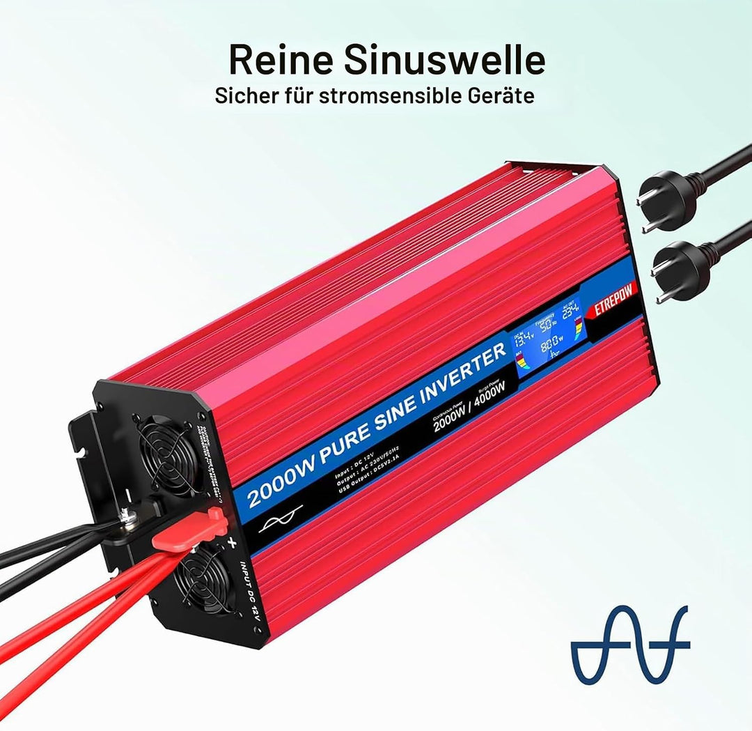 ETREPOW 2000w Spannungswandler 12v Auf 230v Reiner Sinus Wechselrichter mit 2 EU-Steckdose und Einer