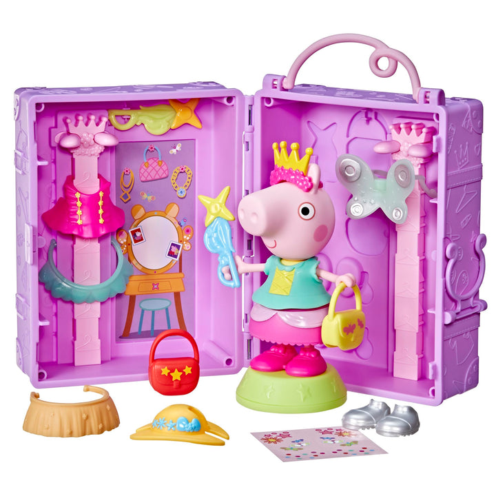 Peppa Pig Peppas Anziehspass-Kleiderschrank Spielset, Figur, 14 Mode-Accessoires und Aufklebern, int