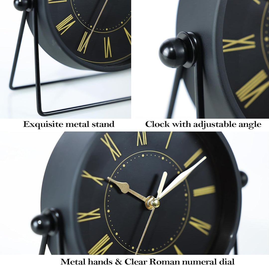 Vintage Metall-Tischuhr – Leise Kaminuhr ohne Ticken mit verstellbarem Winkel, Analoge Standuhr im R