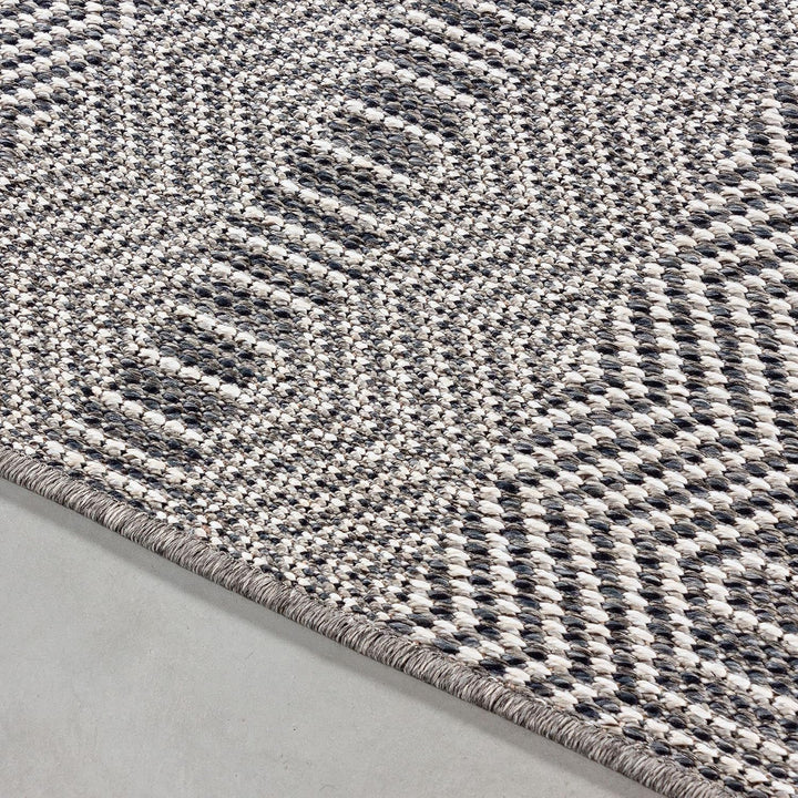 In- &amp; Outdoor Teppich Robuster, Ethno Look Boho Design, Rechteckig, Grau und Creme Farbe, Flachgeweb