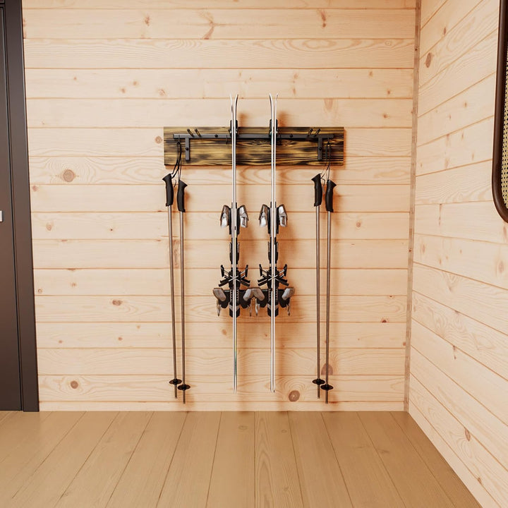 QLS Skihalterung S3 Wand Skihalter für 4 Paare 83 cm Stahl Holz hölzerne Hakenleiste Nordic Walking