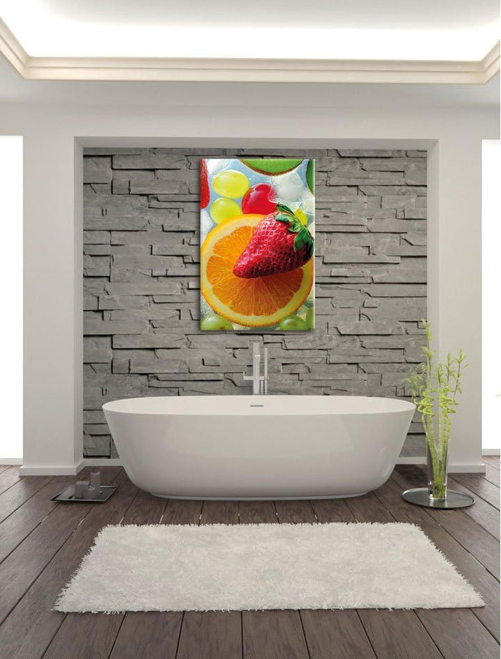 Orange mit Erdbeere, Format: 100x70 auf Leinwand, XXL riesige Bilder fertig gerahmt mit Keilrahmen,