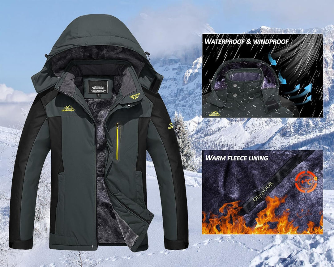 KEFITEVD Herren Winterjacke Wasserabweisende Warm Gefüttert Skijacke Outdoorjacke mit Abnehmbarer Ka