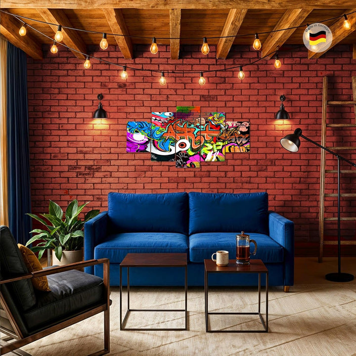 Runa Art Wandbilder Graffiti 5 Teilig Bild auf Vlies Leinwand Deko Loft Wohnzimmer Street Art Bunt 4