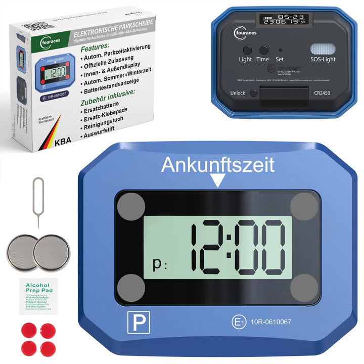 fouraces elektronische Parkscheibe - Zulassung des Kraftfahrtbundesamtes - mit Ersatz Batterie, auto