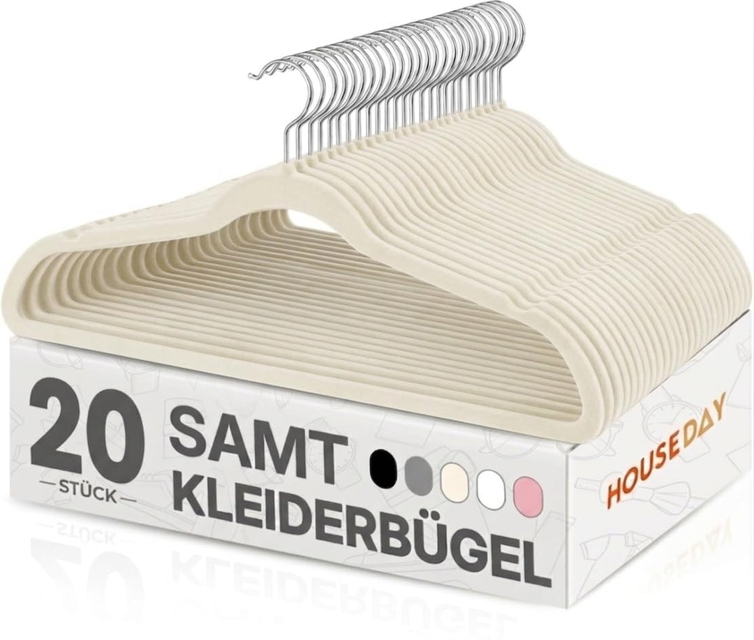HOUSE DAY Kleiderbügel Samt 20 Stück, Kleiderbügel Platzsparend Filz Bügel - Rutschfester, Premium A