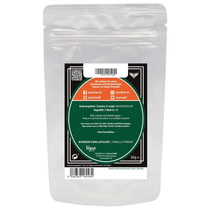 Azafran Bourbon Vanille, Madagaskar Vanillepulver, Vanilleschoten gemahlen (Vanillestangen ganz) 50g