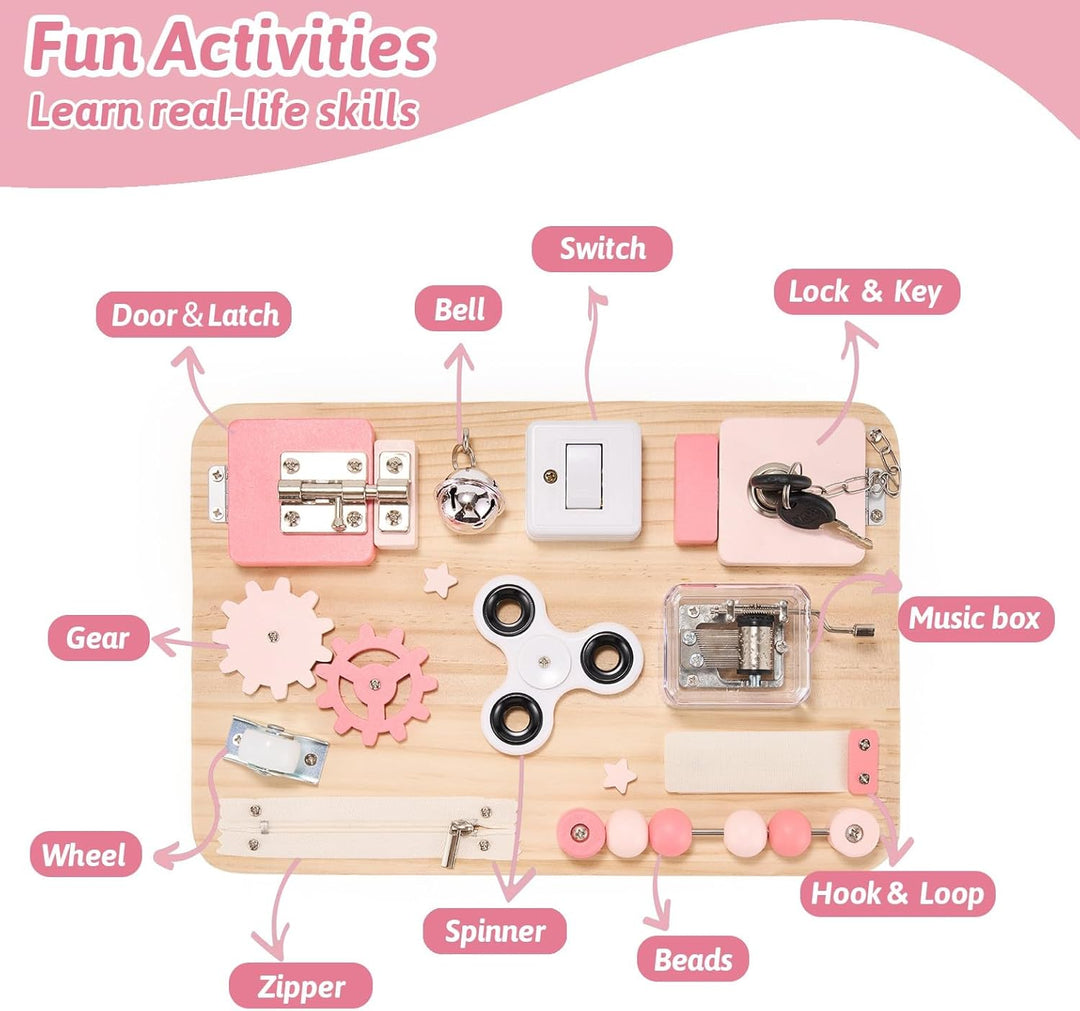 Holz Busy Board in Rosa – Montessori Spielzeug zur Förderung der Feinmotorik &amp; Sinne. Perfekt für Re