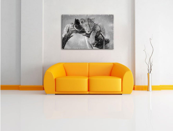 Pixxprint Junger Löwe in der Natur Kunst Kohle Effekt, Format: 100x70 auf Leinwand, XXL riesige Bild