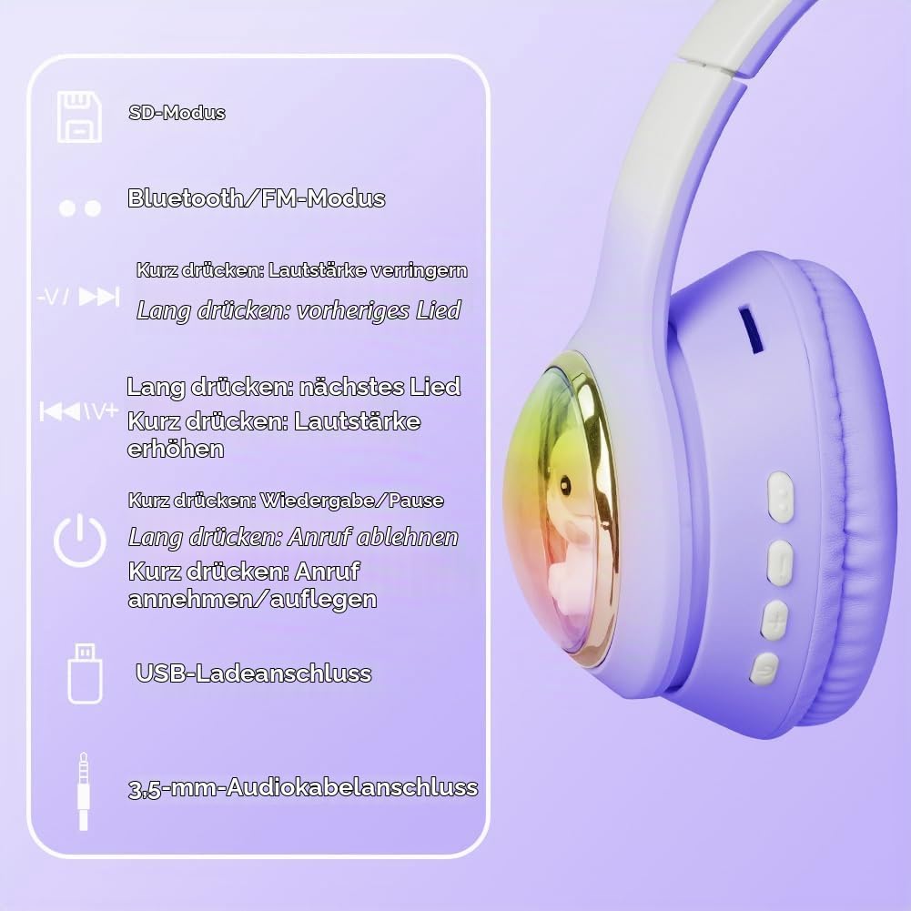 AXFEE Kinder-Kopfhörer, 5.3 Bluetooth Over-Ear mit LED-Leuchten, Lautstärke Begrenzt 105 dB, Stereo