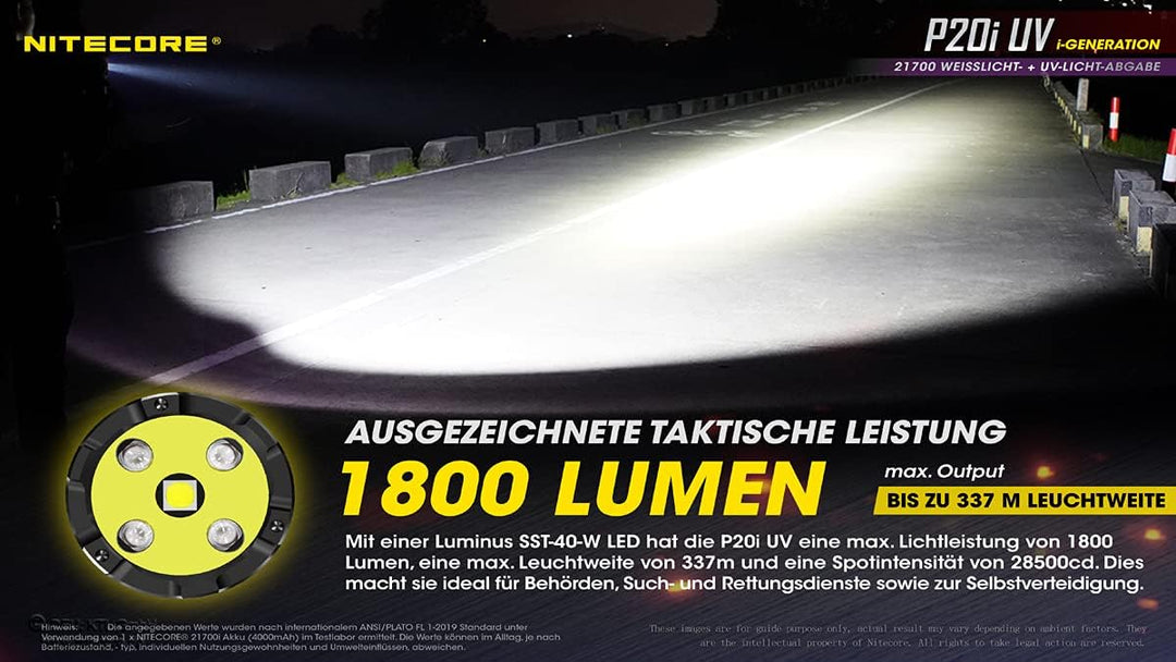 Nitecore Taschenlampe P20i UV - Taktische Akku-Taschenlampe mit 1.800 Lumen & UV-Licht - USB-C aufla