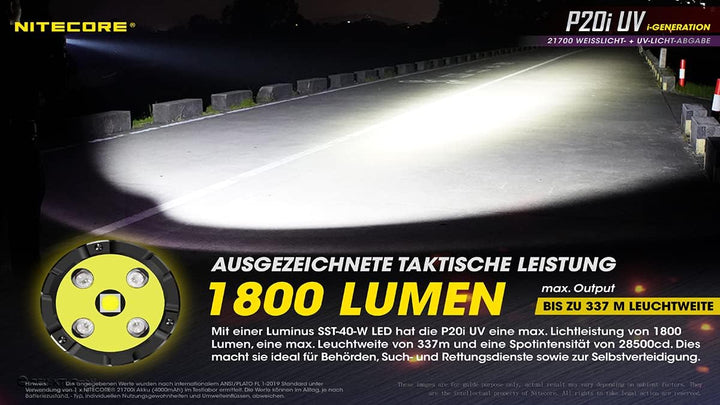 Nitecore Taschenlampe P20i UV - Taktische Akku-Taschenlampe mit 1.800 Lumen & UV-Licht - USB-C aufla
