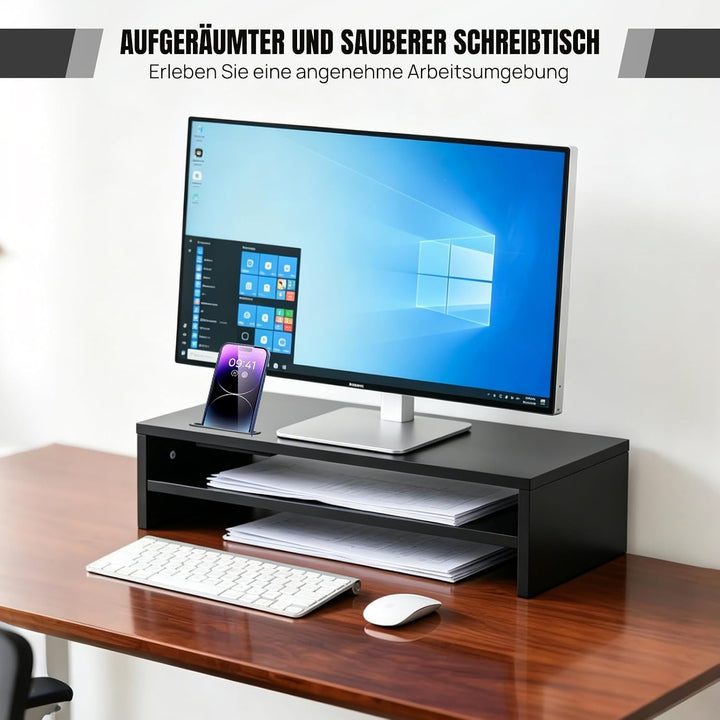 Lucn Monitorständer 2 Ebenen MDF Bildschirmunterbau mit Handyhalter, Kabelführung &amp; Tastaturauszug,