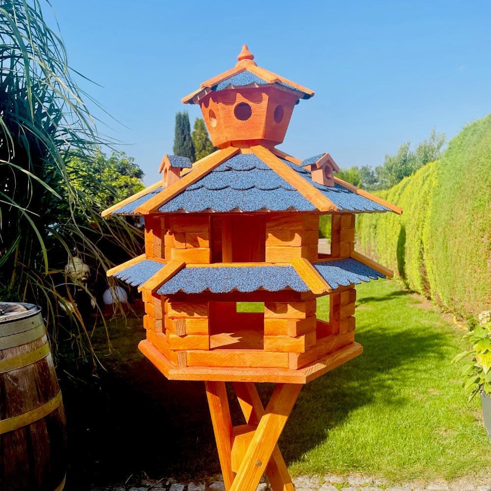 DARLUX Vogelvilla wetterfest von L bis XXL Futterhaus Vogelhaus mit oder ohne Ständer in Braun mit R