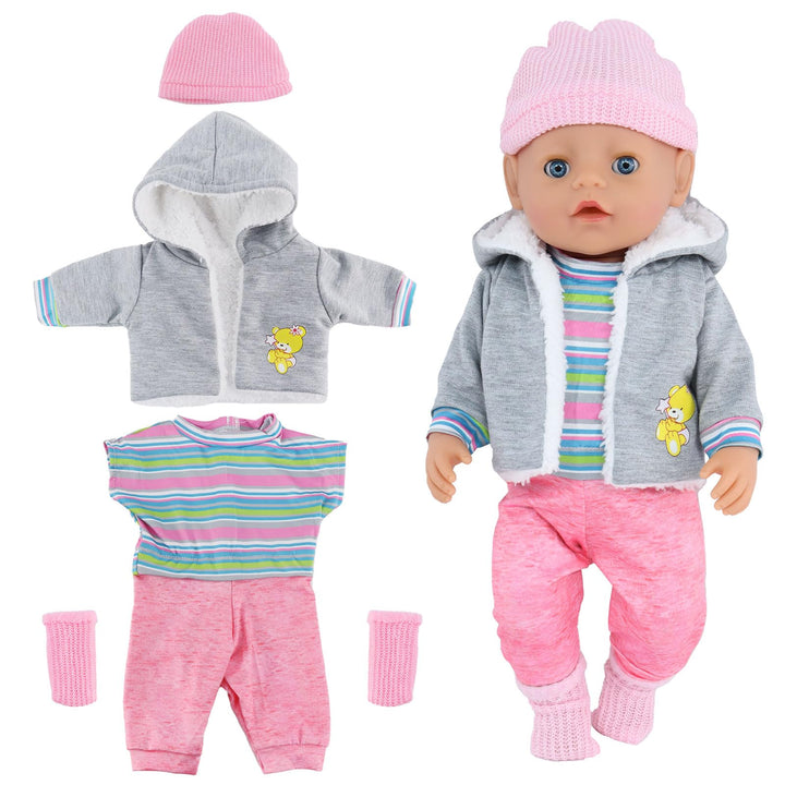 Baby Puppen Puppenkleidung 35-43 cm 1 graue Jacke + 1 gestreifter Pullover + 1 Strickmütze + 1 Paar