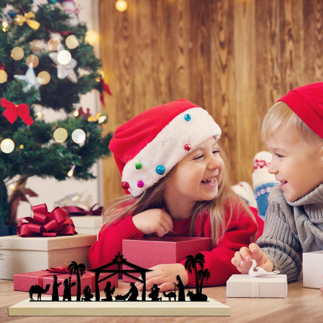 Weihnachtskrippen-Dekoration, schwarze Krippe Weihnachten aus Metall mit Holzsockel, religiöse Winte