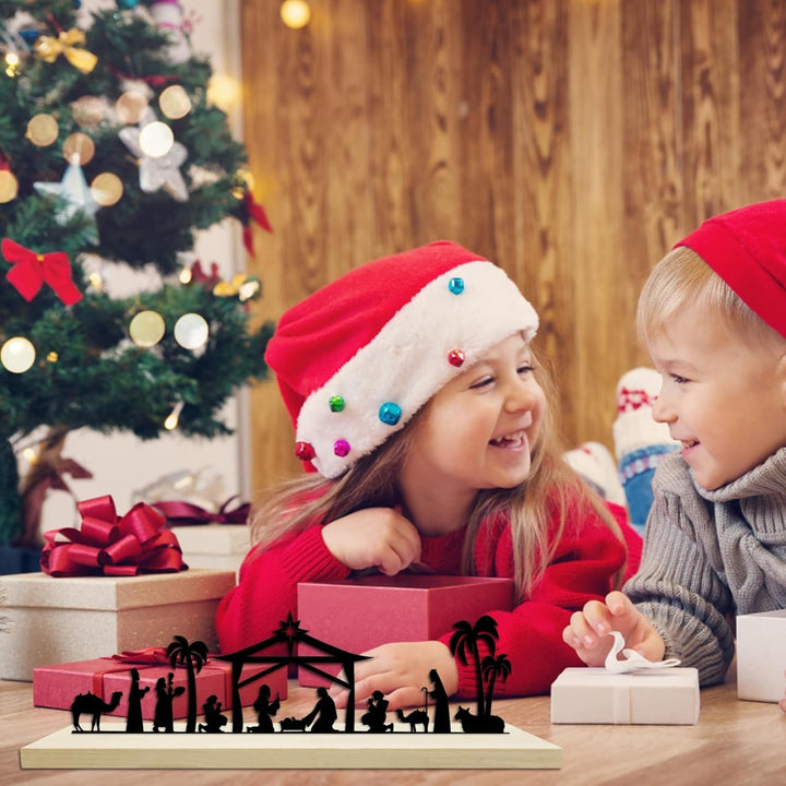 Weihnachtskrippen-Dekoration, schwarze Krippe Weihnachten aus Metall mit Holzsockel, religiöse Winte