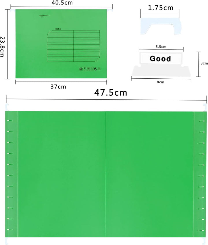 Foolscap Hängemappen mit Lasche und Karteneinsätzen (25 Stück, grün) Verstärkte Hängeordner FC-Gröss