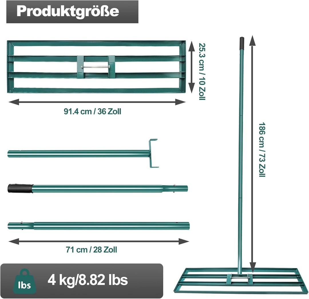 Rasen Nivellierungsrechen, 91x 25 cm Rasenwerkzeug Rakel mit 186cm Verstellbarer Stiel, Garten Level